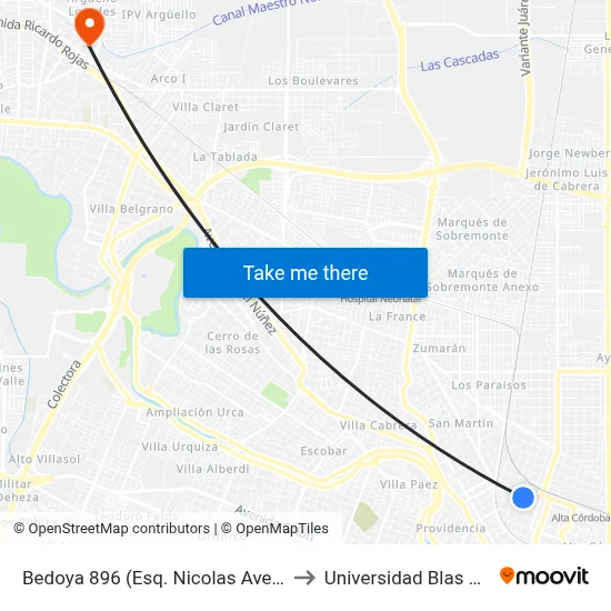 Bedoya 896 (Esq. Nicolas Avellaneda) to Universidad Blas Pascal map