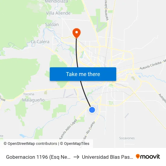 Gobernacion 1196  (Esq Neiva) to Universidad Blas Pascal map