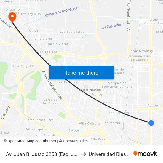 Av. Juan B. Justo 3258 (Esq. J. Cortazar) to Universidad Blas Pascal map