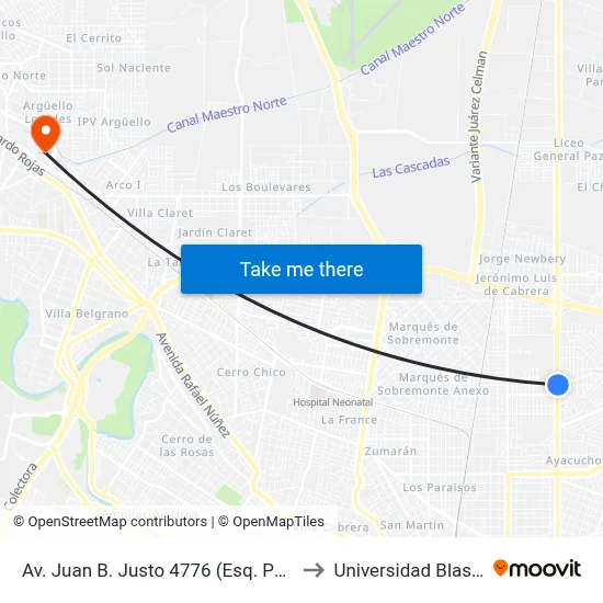 Av. Juan B. Justo 4776 (Esq. Pablo Neruda) to Universidad Blas Pascal map
