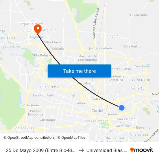 25 De Mayo 2009 (Entre Bio-Bio Y Patria) to Universidad Blas Pascal map