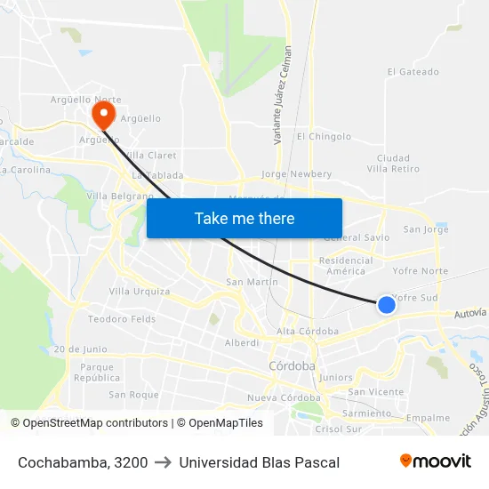Cochabamba, 3200 to Universidad Blas Pascal map