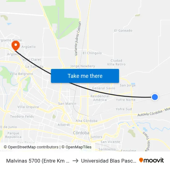Malvinas 5700 (Entre Km 6) to Universidad Blas Pascal map
