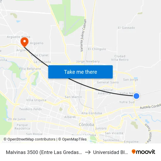 Malvinas 3500 (Entre Las Gredas Y Circunvalacion) to Universidad Blas Pascal map