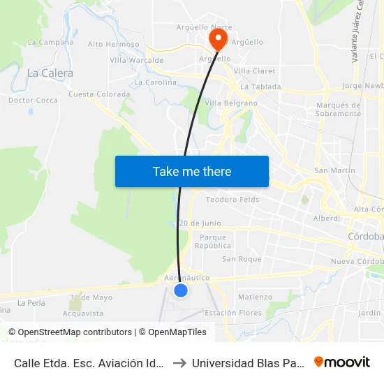 Calle Etda. Esc. Aviación Ida (2) to Universidad Blas Pascal map