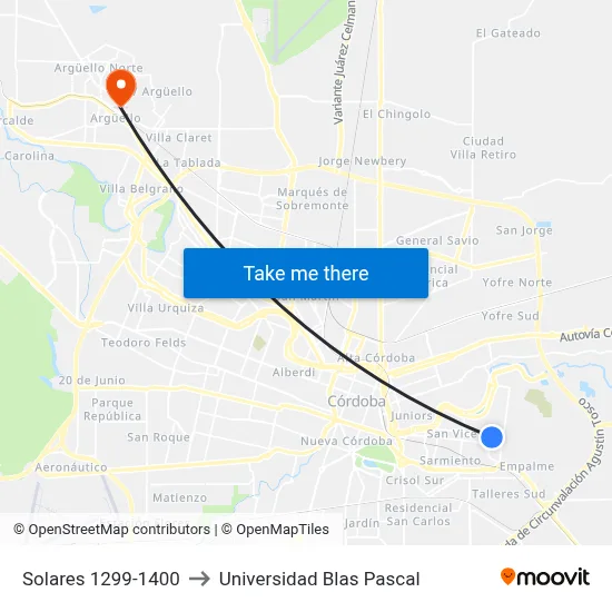 Solares 1299-1400 to Universidad Blas Pascal map