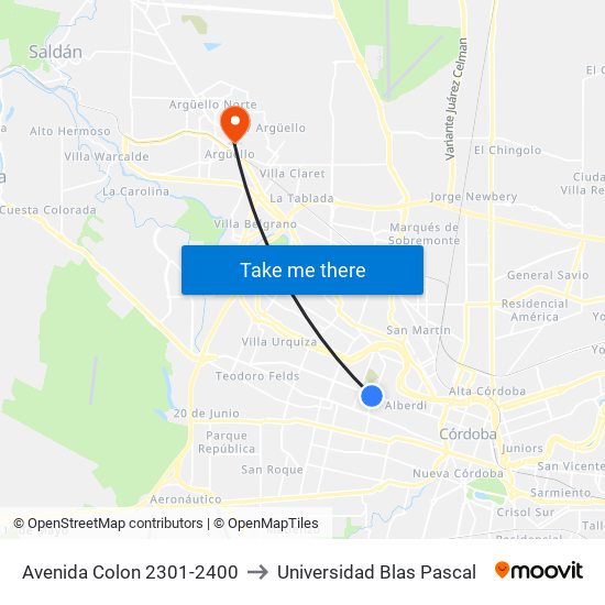 Avenida Colon 2301-2400 to Universidad Blas Pascal map
