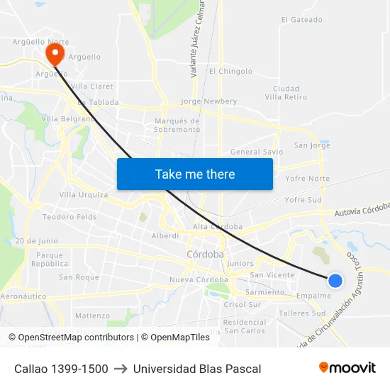 Callao 1399-1500 to Universidad Blas Pascal map