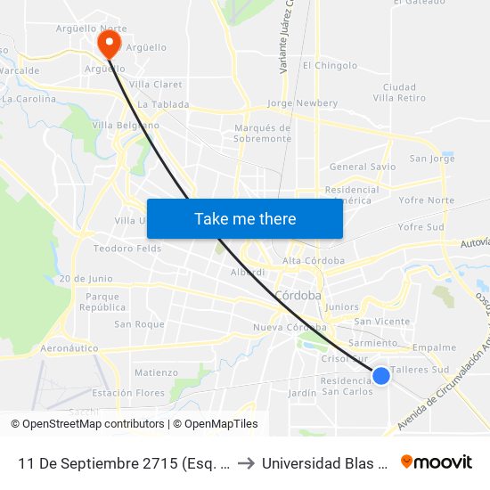 11 De Septiembre 2715 (Esq. Villegas) to Universidad Blas Pascal map