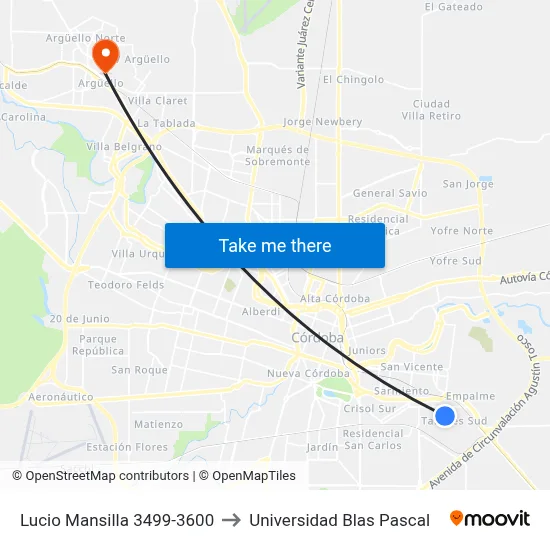 Lucio Mansilla 3499-3600 to Universidad Blas Pascal map