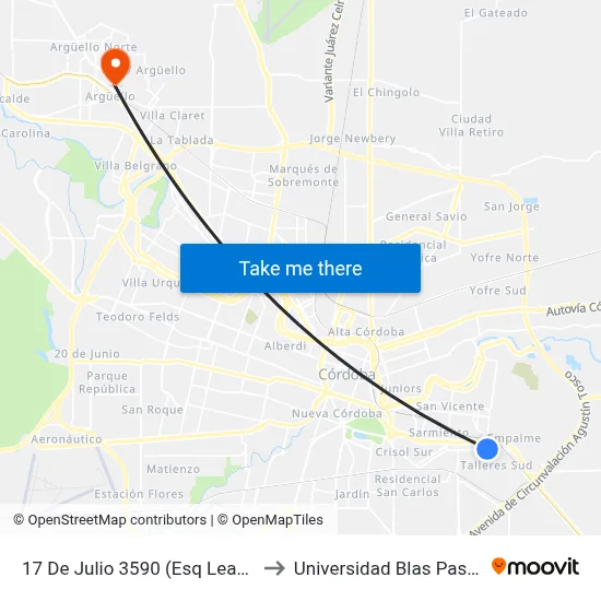 17 De Julio 3590 (Esq Learte) to Universidad Blas Pascal map