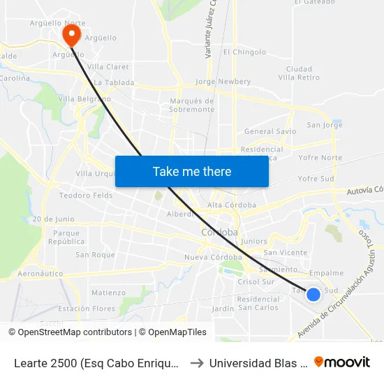 Learte 2500 (Esq Cabo Enrique Guastoni) to Universidad Blas Pascal map