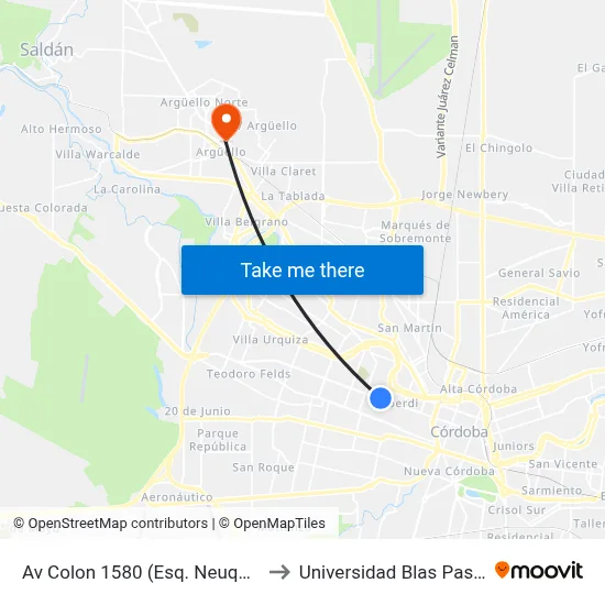 Av Colon 1580 (Esq. Neuquen) to Universidad Blas Pascal map