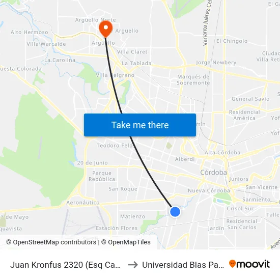 Juan Kronfus 2320 (Esq Cañada) to Universidad Blas Pascal map