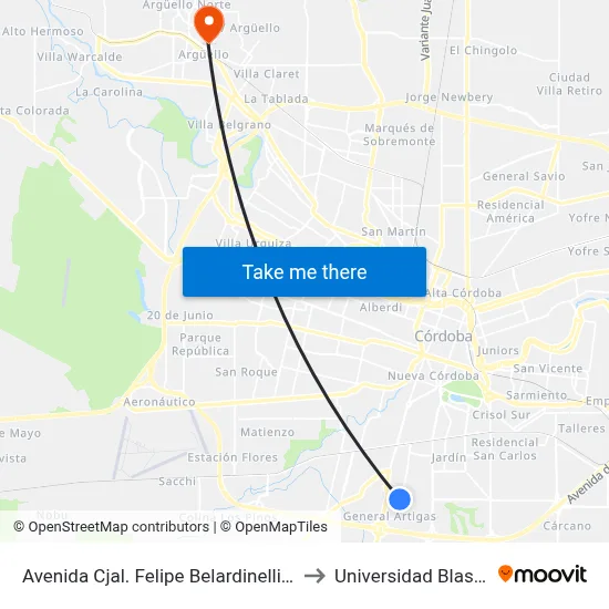 Avenida Cjal. Felipe Belardinelli 3899-4100 to Universidad Blas Pascal map