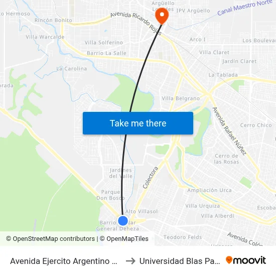 Avenida Ejercito Argentino 0-100 to Universidad Blas Pascal map