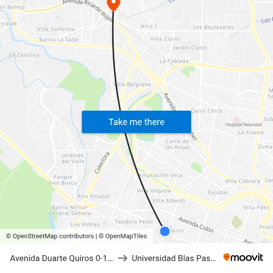 Avenida Duarte Quiros 0-100 to Universidad Blas Pascal map
