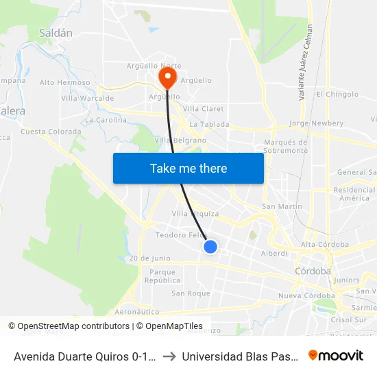 Avenida Duarte Quiros 0-100 to Universidad Blas Pascal map