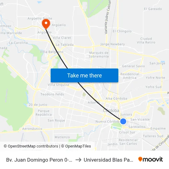 Bv. Juan Domingo Peron 0-100 to Universidad Blas Pascal map