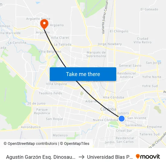 Agustín Garzón Esq. Dinosaurio Mall to Universidad Blas Pascal map