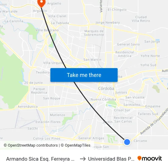 Armando Sica Esq. Ferreyra De Roca to Universidad Blas Pascal map