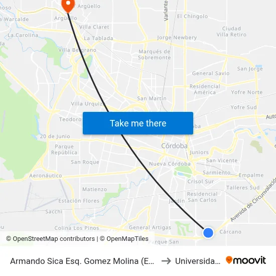 Armando Sica Esq. Gomez  Molina (Entre Ferreyra De Roca Y Gomez  Molina) to Universidad Blas Pascal map