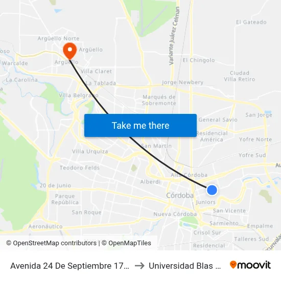 Avenida 24 De Septiembre 1700-1798 to Universidad Blas Pascal map