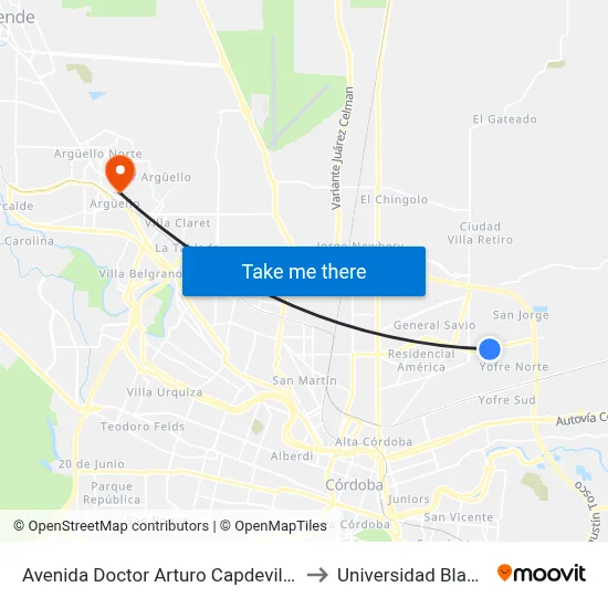 Avenida Doctor Arturo Capdevila 2100-2199 to Universidad Blas Pascal map