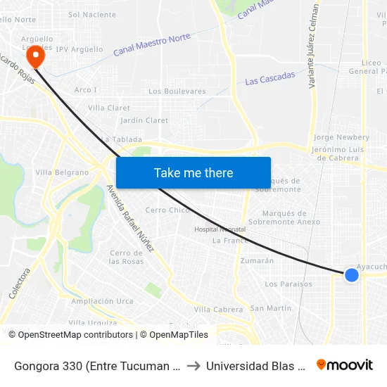 Gongora 330 (Entre Tucuman Y Sucre) to Universidad Blas Pascal map