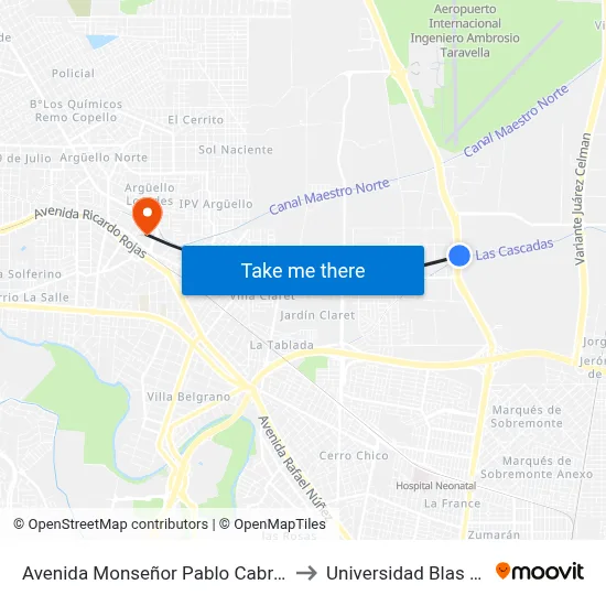 Avenida Monseñor Pablo Cabrera 0-100 to Universidad Blas Pascal map