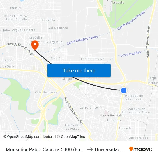 Monseñor Pablo Cabrera 5000 (Entre Acevedo Y D De Vera) to Universidad Blas Pascal map