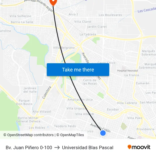 Bv. Juan Piñero 0-100 to Universidad Blas Pascal map