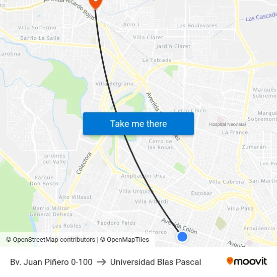 Bv. Juan Piñero 0-100 to Universidad Blas Pascal map