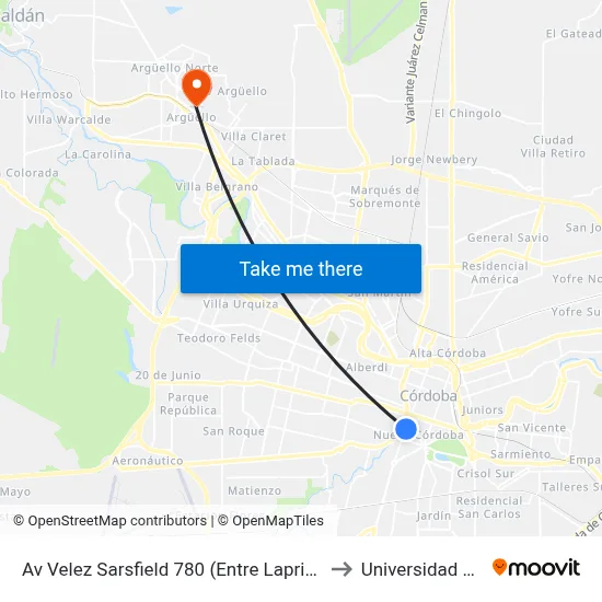 Av Velez Sarsfield 780 (Entre Laprida Y Achaval Rodriguez) to Universidad Blas Pascal map