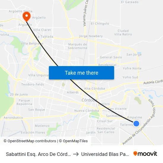 Sabattini Esq. Arco De Córdoba to Universidad Blas Pascal map