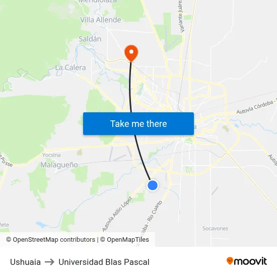 Ushuaia to Universidad Blas Pascal map