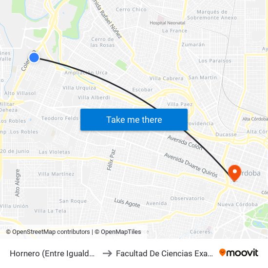 Hornero (Entre Igualdad Y Av. Del Piamonte) to Facultad De Ciencias Exactas, Fisicas Y Naturales map
