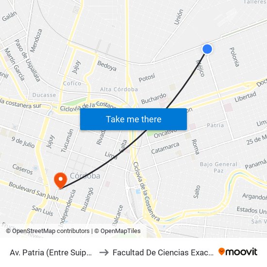 Av. Patria (Entre Suipacha Y Av. E. Bulnes) to Facultad De Ciencias Exactas, Fisicas Y Naturales map