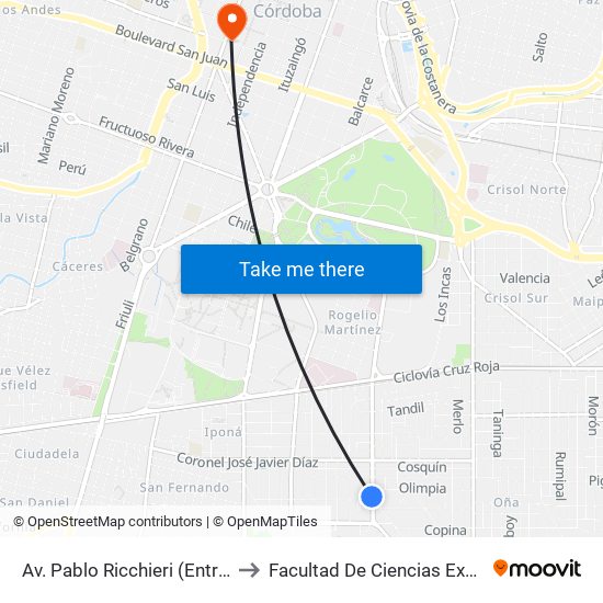 Av. Pablo Ricchieri (Entre Av. Talleres Y Olimpia) to Facultad De Ciencias Exactas, Fisicas Y Naturales map