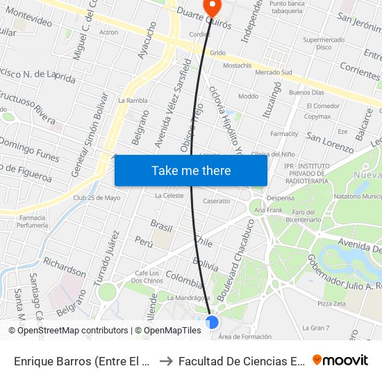 Enrique Barros (Entre El Cordobazo Y V. De Las Artes) to Facultad De Ciencias Exactas, Fisicas Y Naturales map