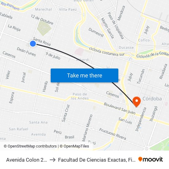 Avenida Colon 2602-2701 to Facultad De Ciencias Exactas, Fisicas Y Naturales map