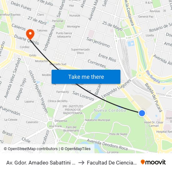 Av. Gdor. Amadeo Sabattini (Parada Solo Bús Desde El Centro N° 1) to Facultad De Ciencias Exactas, Fisicas Y Naturales map