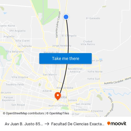 Av Juan B. Justo 8500 (Esq. Bordi) to Facultad De Ciencias Exactas, Fisicas Y Naturales map