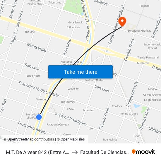 M.T. De Alvear 842 (Entre Achaval Rodriguez Y Fructuoso Rivera) to Facultad De Ciencias Exactas, Fisicas Y Naturales map