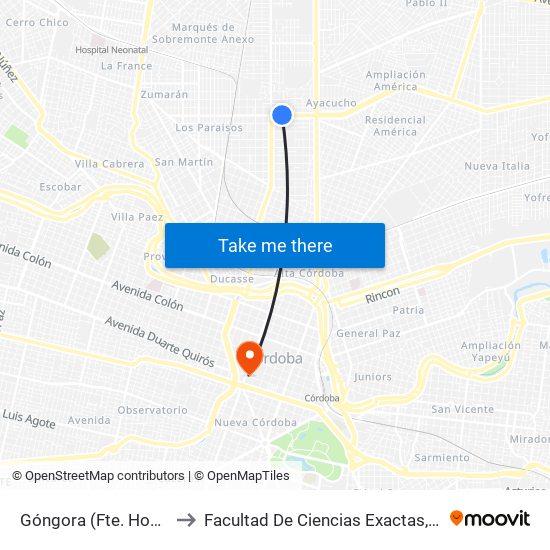 Góngora (Fte. Hospital Infantil) to Facultad De Ciencias Exactas, Fisicas Y Naturales map