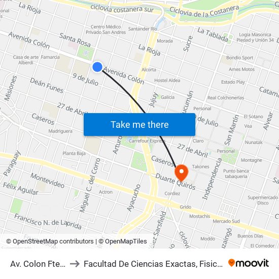 Av. Colon Fte. Plaza to Facultad De Ciencias Exactas, Fisicas Y Naturales map