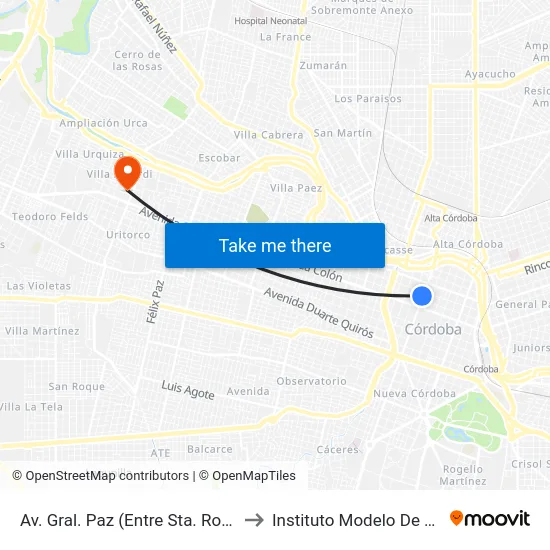 Av. Gral. Paz (Entre Sta. Rosa Y La Rioja) to Instituto Modelo De Cardiología map