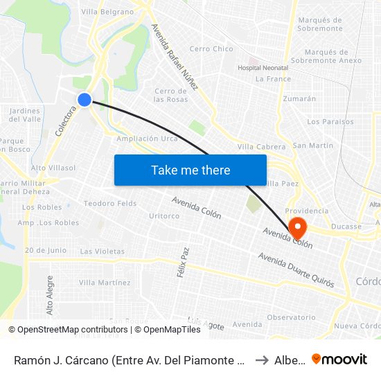 Ramón J. Cárcano (Entre Av. Del Piamonte Y Hornero) to Alberdi map