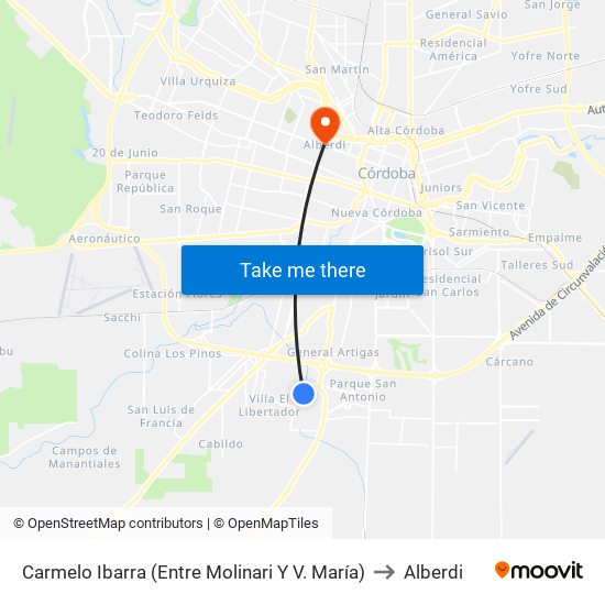 Carmelo Ibarra (Entre Molinari Y V. María) to Alberdi map