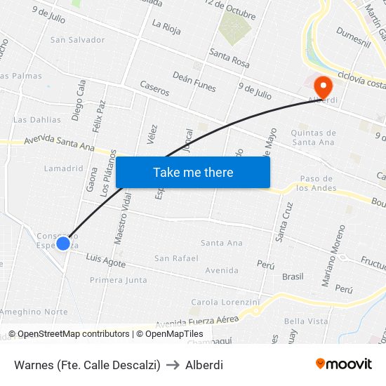 Warnes (Fte. Calle Descalzi) to Alberdi map